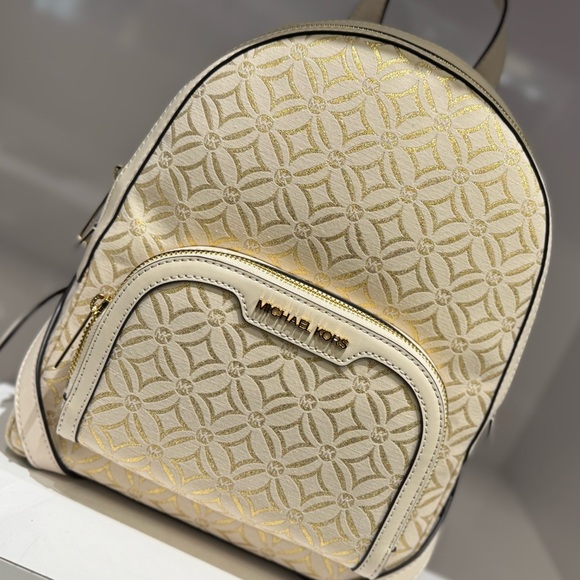 Michael Kors Jaycee Medium Backpack MK Graphic Logo Glitter Gold/Light Cream - Picture 8 of 13